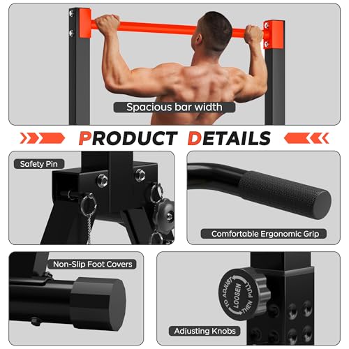 SogesHome Power Tower Dip Station Pull Up Bar for Home Gym, Adjustable & Foldable Multifunction Fitness Workout Station with Triangular Stability Design for Strength Training - color: Black Red