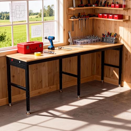 Betterhood 96" 2-in-1 Convertible Adjustable Workbench, L-Shaped & Extended 5000 LBS Heavy Duty Work Table with Power Outlets & Pegboard, Rubber Wood Workstation for Garage, Workshop - size: Rubber Pad/ Power Outlets/ 2 Pegboard/ 96"x20"x37"
