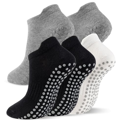 5 Pairs Pilates Socks with Grips for Women Non Slip Grip Yoga Crew Socks for Barre Hospital Barefoot - color: B - 1 White 2 Black 2 Gray