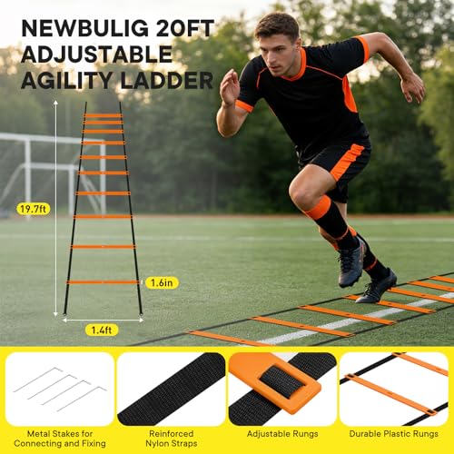 Agility Ladder Speed Training Equipment Set, 4 Adjustable Hurdles | 20 ft Ladder, 12 Cones, Jump Rope, Resistance Parachute, Soccer, Basketball, Football Practice Equipment for Youth, Adults - color: Orange, size: 17.17"*5.71"*13.31"