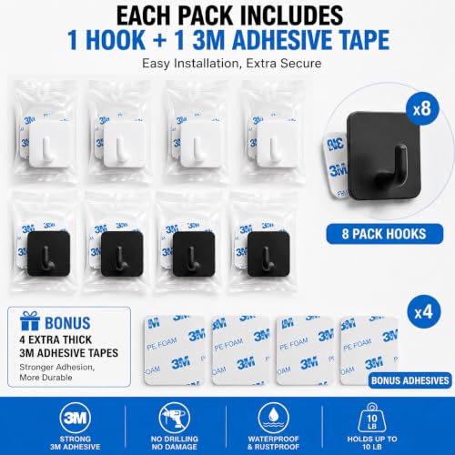 Stainless Steel Adhesive Wall Hooks for Hanging, Heavy Duty Waterproof Stick On for Bathroom Kitchen Shower, Self Adhesive for Towels, Keys, Hats, Robes - 8 Pack (White and Black) - color: 03-whiteblack