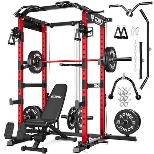 RH01 Power Cage Rack, 2000LBS Squat Rack with with Cable Crossover System&LAT Pull Down System, Multi-Function Workout Cage for Home&Garage Gym - color: Red, size: RH01 Power Cage with 220LB Weights