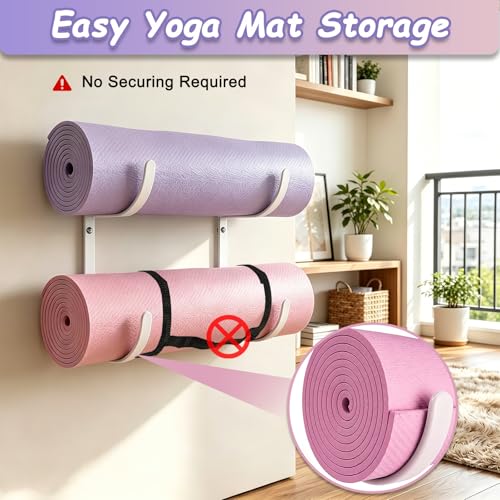 Wall Mount Yoga Mat Holder, Rubber Coated Yoga Mat Storage Rack for Yoga Mats, Foam Rollers, Exercise Mats, Pilates Mats and Hanging Home Fitness Equipment