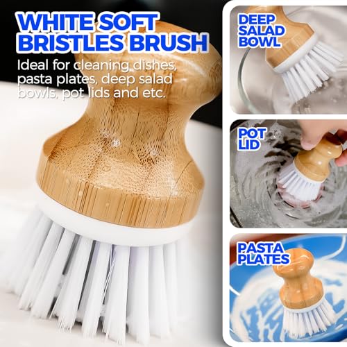 Holikme 6 Pack Dish Brush Scouring Pad Set with Bottle Brush, Dish Brush, Palm Scrub Brush and Straw Brush, Dish Scrubber Long Handle for Dish Bottle Cup Skillet Wok Pot Pan Cast Iron, White - color: White