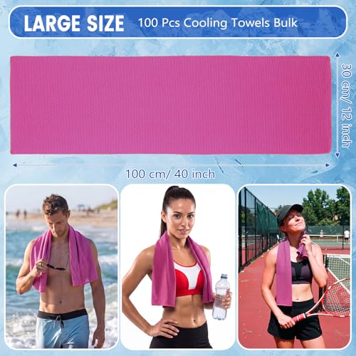 Hosuly 100 Pack Cooling Towels, 40"x12" Cooling Towels for Neck and Face Breathable Soft Chilly Sweat Rag Microfiber Sport Rags for Gym Yoga Golf Running - color: Rose Red