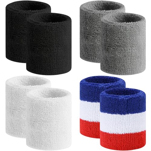BEACE Sweatbands Sports Wristband for Men & Women -8pcs Moisture Wicking Athletic Cotton Terry Cloth Sweatband for Tennis, Basketball, Running, Gym, Working Out - color: 2Black2Gray2White2RedWhiBlu