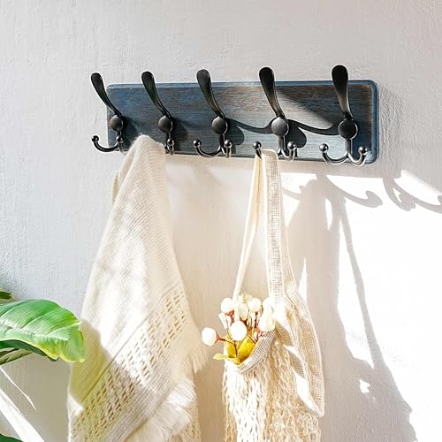Dseap Coat Rack Wall Mount - Heavy-Duty Robust Barnwood-Style Wooden Wall Coat Hanger Hook Rail with 5 Triple Hooks for Winter Coats Hat Jacket Clothing, Weathered Blue & Black - color: Weathered Blue & Black, size: L=17.4"