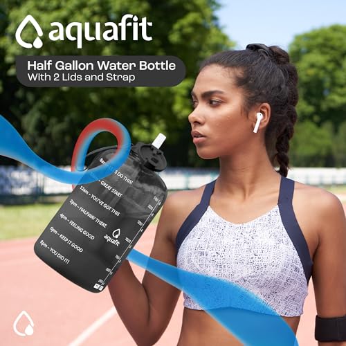 AQUAFIT Half Gallon Water Bottle with Time Marker - Straw & Chug Lid - BPA Free Gym Water Bottle with Straw - Big Gallon Jug (Clarity, 64 oz - 2 Lids) | BPA Free 64 oz Water Bottle with Straw and Chug Lids - Leakproof Gym Water Bottle with Carry Handle (C