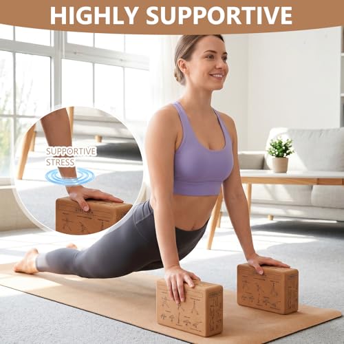 2pcs Cork Blocks, 43 Poses, Non-Slip, Stable Support | Premium Cork, Multifunctional, for Yoga Beginners Meditation Fitness Stretching, Ideal Gift