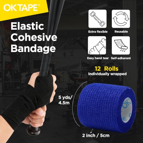 OK TAPE 12 Rolls Self Adhesive Bandage Wrap, Elastic Athletic Tape, Self Stick Bandage Tape, Vet Wrap, Medical Wrap for Wrist, Feet, 2" x 5 Yards - color: Midnight, size: 2 Inch