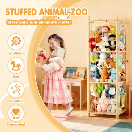 Stuffed Animal Storage Zoo Organizer Natural Pine Plushies Storage with Elastic Bands Vertical Wood Toy Holder Mesh Net Space Saving Design for Playroom Nursery Kids Bedroom - color: Wood Color Bee Square Board