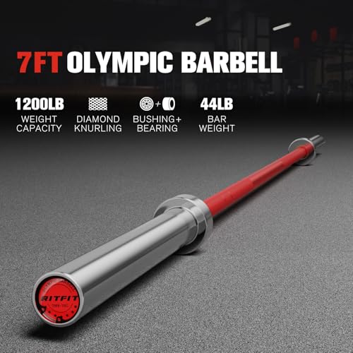 RitFit Elite 7ft Olympic Barbell, Robust 45lb Barbell for Weightlifting and Powerlifting, Superior Olympic Bar with Exceptional 500lbs Load Capacity, Weight Bar for 2” Standard Plates - color: Silver/Red, size: 7 ft 1200 lb 45 lb without Collar