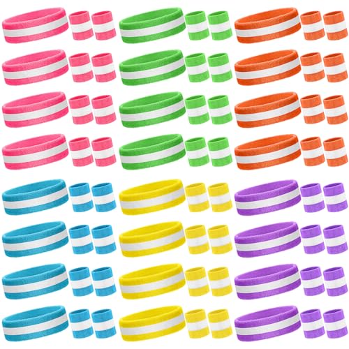 72 Pcs 80s Neon Headbands Sweatband Set, Include 24 Sports Headbands and 48 Sweat Wristbands Bulk for Woman Man - style: Vivid