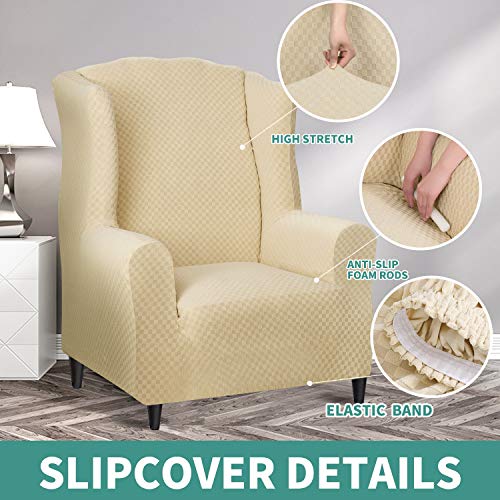 YEMYHOM 1 Piece Stretch Wingback Chair Slipcover Latest Jacquard Design Wing Chair Cover Non Slip Furniture Protector with Foam Rods for Living Room (Wing Chair, Beige) - color: Beige, size: 1 Pack - Wing Chair