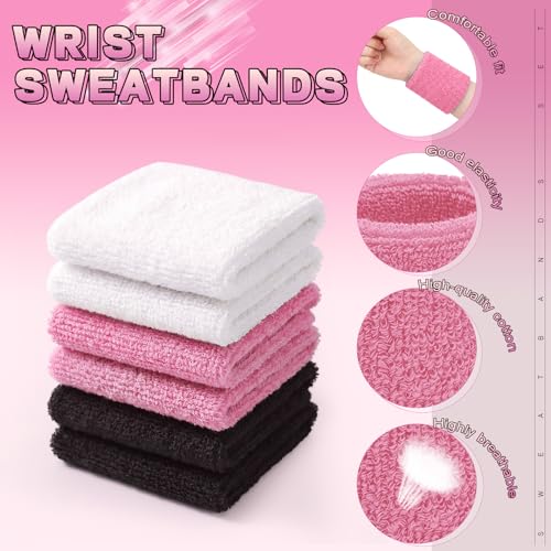Willbond Wrist Sweatbands, Sports Sweatbands for Competition, Sweat Absorbent, for Basketball, Tennis, Football, Running and Work (Pack of 6) - color: Black,White ,Light Pink