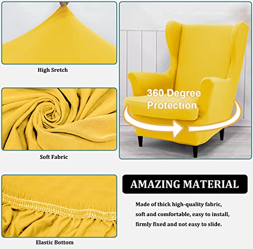 NILUOH Wingback Chair Cover 2-Piece Soft Stretch Wing Chair Slipcover Solid Color Armchair Sofa Couch Cover Furniture Protector with Elastic Bottom for Living Room Bedroom (Lemon Yellow) - color: Lemon Yellow