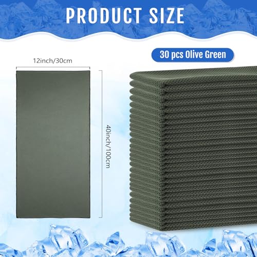 Hosuly 30 Pack Cooling Towels, 40"x12" Ice Breathable Soft Chilly Sweat Rag Microfiber Workout Rags for Gym Cooling Towels for Neck and Face for Yoga Golf Sport Running - color: Army Green