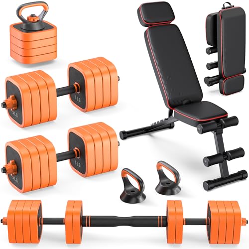 Rendpas 4-in-1 Adjustable Dumbbell Set with Foldable Weight Bench, Convert to Barbell Kettlebell Push-Up Stand, 800LBS Bench 10 Angles Incline Decline Flat, Home Gym Weight Set - color: Orange, size: 85LB Dummbell Set & Adjustable Bench