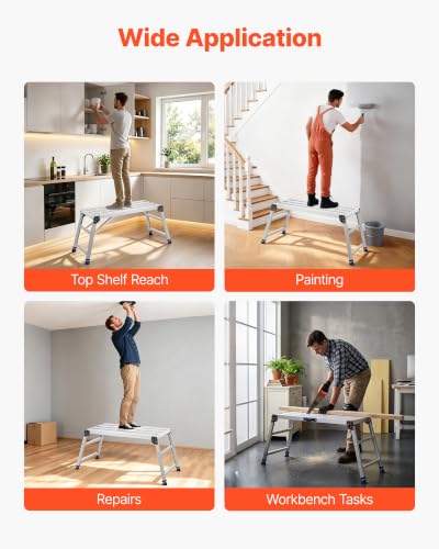 VEVOR Folding Work Platform, Adjustable Height 23-34.5 in, 40 x 18 in Aluminum Step Stool, 500 lbs Load Capacity, Heavy Duty Non-Slip Platform Ladder, Portable Work Bench for Painting, Maintenance