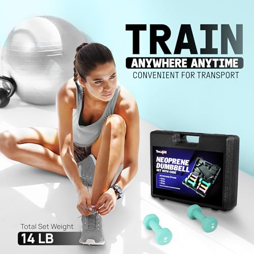 Yes4All Neoprene Coated Dumbbell Hand Weight Sets - Multiple Weight Options with Rack, Anti-roll, Anti-Slip, Hexagon Shape - style: E. SET WITH CASE 2-3-5lb pair