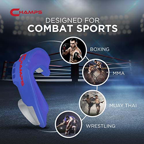 Champs MMA Breathable Mouth Guard for Boxing, MMA, Jiu Jitsu, Muay Thai, Wrestling & Combat Sports – Easy Fit, Boil & Bite Design Mouthpiece – Durable Boxing Mouthguard for Men & Adults, Case Included - color: Blue