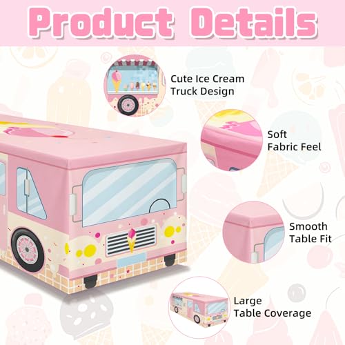 6FT Ice Cream Truck Tablecloth, Pastel Dessert and Sweet Treat Print Washable Reusable Fabric Table Cover for Kids’ Birthday Table Decor, Summer Party Supplies, and Ice Cream Bar Decorations - color: Ice Cream