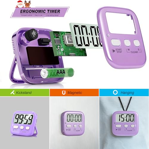 Antonki 2 Pack Digital Timer for Kids, Magnetic Countdown Kitchen Timers for Cooking, Egg, Classroom, Teacher, Exercise, Study, Oven - Battery Included - color: 2 * Pink + Purple