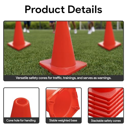 Versatyle Heavy Duty Agility Training Cones (2 in, 6 in, 9 in, 12 in, 28 in) for Sports, Kids Coaching, Multipurpose Field Marker Cones, Soccer, Basketball Drills, Bike, Motorcycle, Traffic Training - style: 12in, Orange