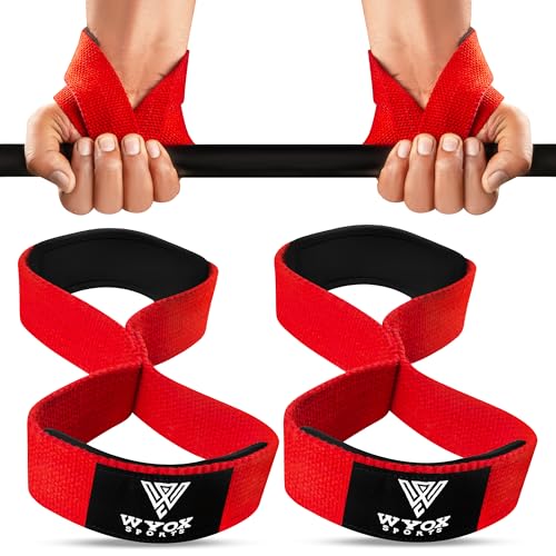 WYOX Figure 8 Lifting Wrist Straps for Weightlifting – Heavy Duty Padded Neoprene Wrist Support, Powerlifting & Strength Training Lift Straps for Deadlifts, Pull Ups, Rows, Shrugs, Gym Training Hand Grip Support for Bodybuilding - color: Red, size: Standa