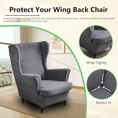 NILUOH Wingback Chair Slipcover 2 Pieces, Stretch Spandex Wingback Chair Covers Washable Slipcover for Wingback Armchairs Non-Slip Furniture Protector with Elastic Bottom for Living Room - color: Dark Gray