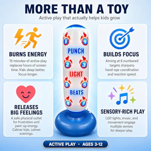 Punching Bag for Kids with Color-Changing LED Lights, Built-in Music & 8 Targets, Inflatable Boxing Set Ages 3-12 with Boxing Gloves & Pump (Batteries Not Included), Sand/Water Fill Base Birthday Gift