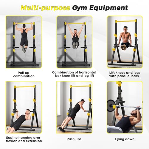 SogesHome Foldable Power Tower Dip Stand Pull Up Bar for Home Gym Exercise | Height Adjustable Multifunction Fitness Workout Station with Triangular Stability Design for Strength Training, Space Saving - color: Black Yellow
