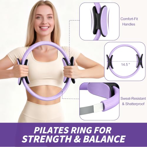 NANATI Pilates Kit, Home Pilates Workout Kit for Women, Pilates Equipment with 14.5" Pilates Ring and Ball, Resistance Bands, Ankle Weights, Sliders & Grip Socks for Home Workouts - color: Purple