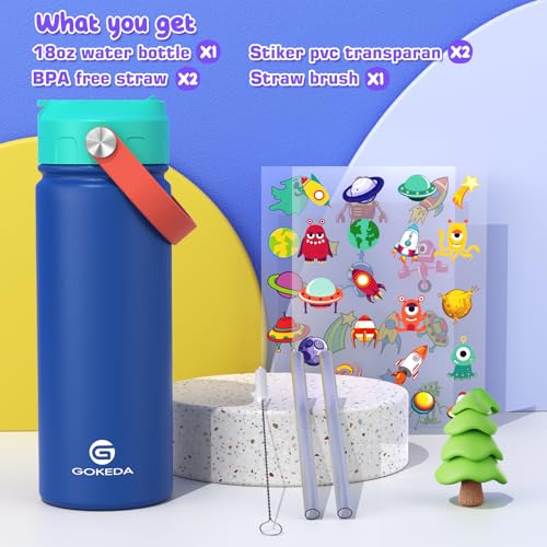 GoKEDA 18oz Kids Water Bottle, Insulated Bottles with Stickers, 18/8 Stainless Steel Vacuum Leak Proof Straw Cup for School, Gifts for Boys Girls(DarkGreenBlue) - color: Dark Green Blue