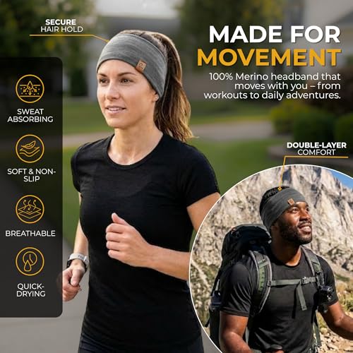 menique 100% Merino Wool Headband for Women Non Slip Stretchy Workout Sweatband Moisture Wicking Breathable Wide Hairband for Running Hiking Sport Gym Yoga Nurse Fashion (Black, One Size) - color: Gray