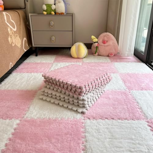 12pcs Carpet Squares Puzzle Floor Mat, Plush Interlocking Carpet Tiles, Anti Slip EVA Foam Jigsaw Floor Tiles, Build A Safe Area for Bedroom Playroom (Pink+White) - color: Pink+white