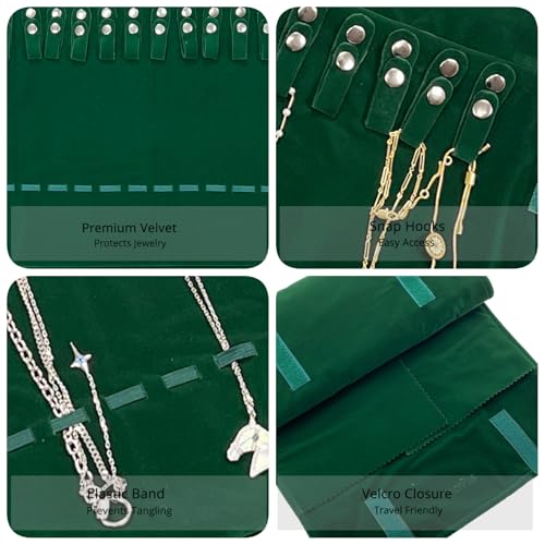 UnionPlus Velvet Travel Jewelry Roll Bag Organizer for Necklace, Elastic Band and Anti-winding, Blackish Green - color: Blackish Green, size: Medium