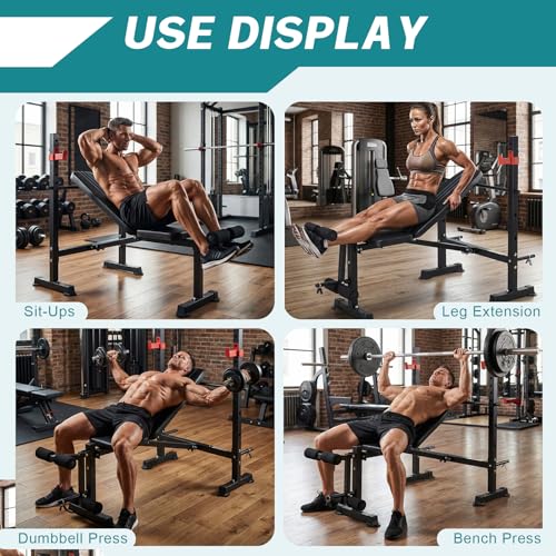 DUMOS Adjustable Weight Bench Set with Rack, 650LBS Foldable Bench Press | Easy Assembly Workout Set with Leg Extension Curl, for Indoor Exercise Home Gym - color: BLACK, size: 62''*37''*45''
