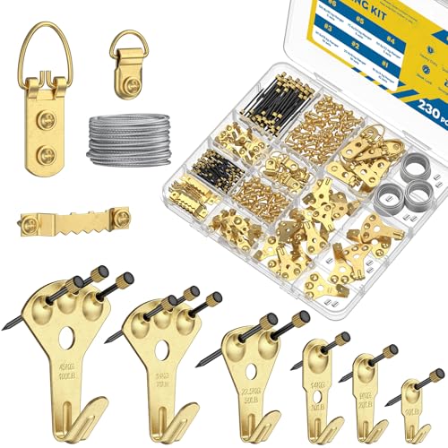 Uniclife 230 Pcs Heavy Duty Picture Hanging Kit, Picture Hanging Hooks,Gold | Picture hangers,10-100 lb weight ratings, for drywall & wood, frame hooks for hanging photos mirrors paintings - size: 230 Pcs, style: Gold