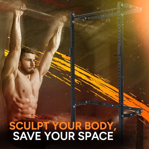PRx Performance Murphy Foldable Squat Rack with Space-Saving Pull-Up Bar - Wall-Mounted Gym Equipment, Includes J-Cups for Barbell, Ideal for Strength Training, Bench Press and Leg Squats - color: Extended Pull-Up Bar