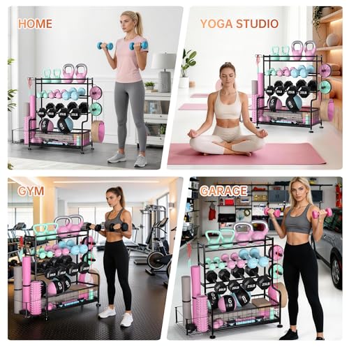 Garvee Dumbbell Rack, Weight Rack for Home Gym, Weight Rack for Dumbbells with Hooks, Home Gym Storage Rack for Yoga Mat Kettlebells and Strength Training Equipment, Powder Coated Finish Steel