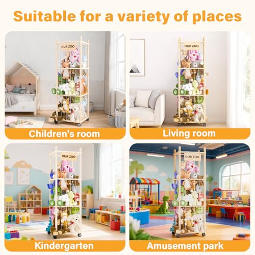 Dayacoco Stuffed Animal Storage with Brake Wheels, Wood Stuffy Animal Storage Zoo Holder Bin, Large Capacity Toy Organizer with Elastic Band and Net for Nursery Play Room Bedroom (Pine Wood 54in) - size: 3 Tiers with Wheels