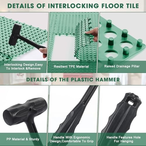 Drydiet 8 Pack Drainage Tiles Modular Interlocking Floor Tiles with 1 Pc Plastic Hammer 12" x 12" Cushion Mat Non Slip Rubber Floor mat with Holes for Pool Bathroom Deck Kitchen Patio (Dark Green) - color: Dark Green