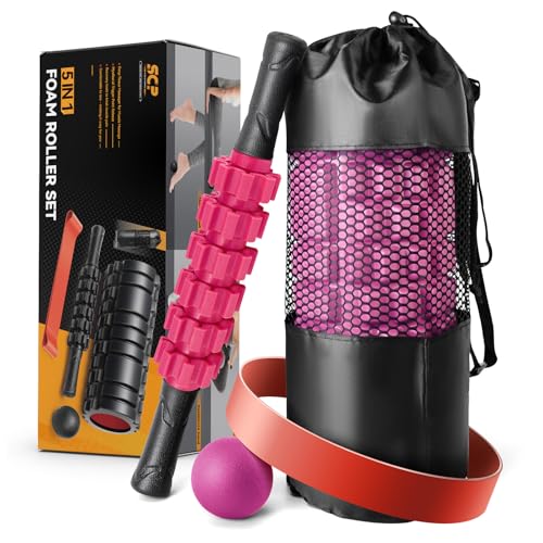 5 in 1 Foam Roller Set for Deep Tissue Muscle Massage, High Density Fitness Exercise Foam Roller, Massage Roller, Massage Ball, Resistance Band, for Whole Body (Pink-Black) - color: Pink-black