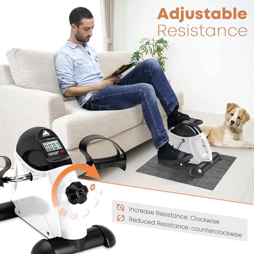 Mini Exercise Bike, AGM Under Desk Bike Pedal Exerciser Foot Cycle Arm & Leg Pedal Exerciser with LCD Screen Displays - color: White