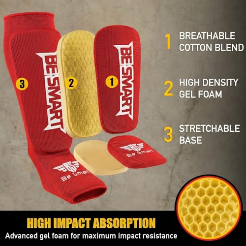 Be Smart Kids, Adults, Youth, Men and Women Muay Thai MMA Kickboxing Shin Guards, Instep Guard Training, Sparring Protective Gear Equipment Shin Kick Pads - color: Red, size: XXXS ( 3 to 8 Years )