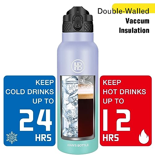 Han's Bottle Sports Water Bottle - 24 Oz, Straw Lid, Leak Proof, Vacuum Insulated Stainless Steel, Double Walled, Thermo Mug,Lilac green - color: Lilac green, size: 24 Ounces