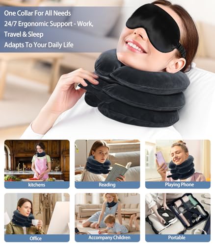 Adjustable Inflatable Cervical Traction Device, Soft Neck Stretcher Support Pillow with Sleep Eye Mask