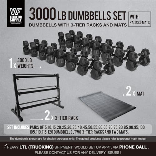 WF Athletic Supply Rubber Encased Hex Dumbbells with Rubber Grip Contoured Handle for Muscle Toning, Strength Building & Full Body Workout - color: z. 3000LB (5LB - 120LB) Dumbbell Set w/ 3-Tier Rack and Mat