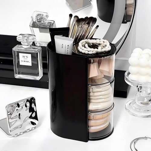 Azurphoric Hair Accessories Organizer with Hair Brush Holder, Rotatable Makeup Brush Holder for Necklaces, Earring, Bracelet, Ring, Makeup Brushes, Hair Clip and Hair Accessories (Black, 3-Layer) - color: Black, size: 3-Layer
